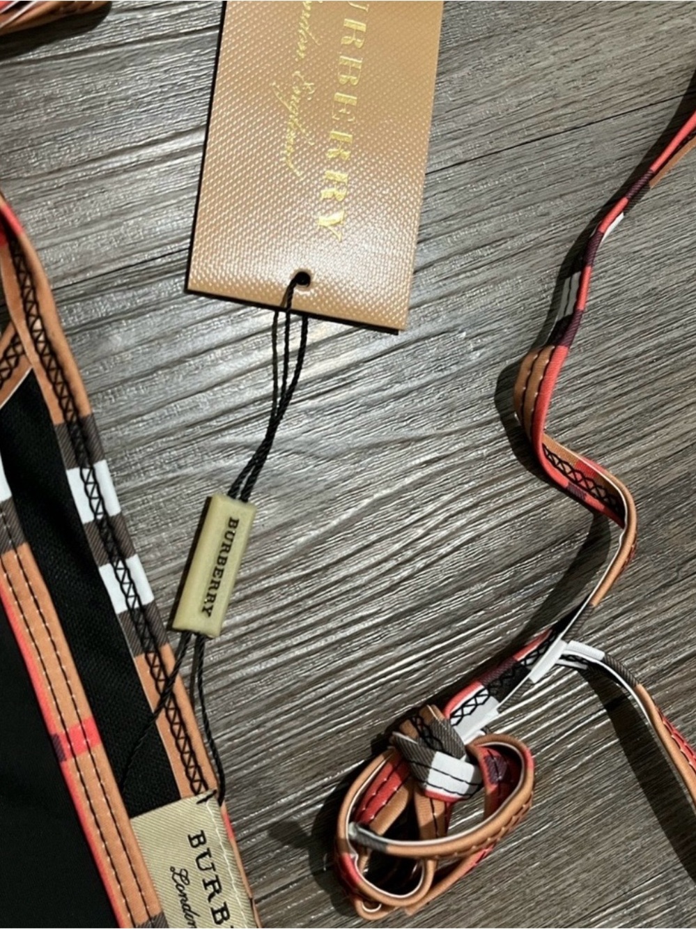 Classic Burberry Plaid Trim Logo Black Triangle Halter Brown Bikini 2-Piece Set - Picture 3 of 7